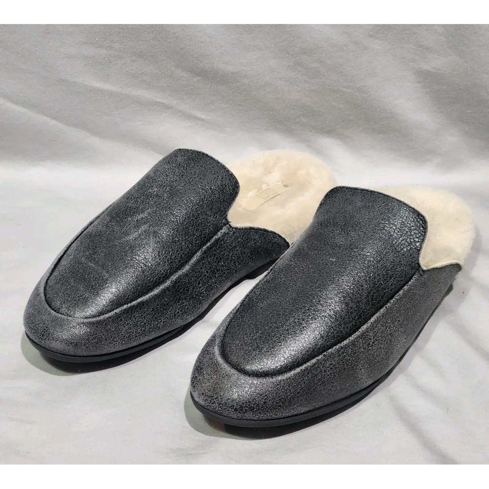 FitFlop Gracie Charcoal Metallic Shearling Lined‎ Mule Slippers Slip On Sz 9
